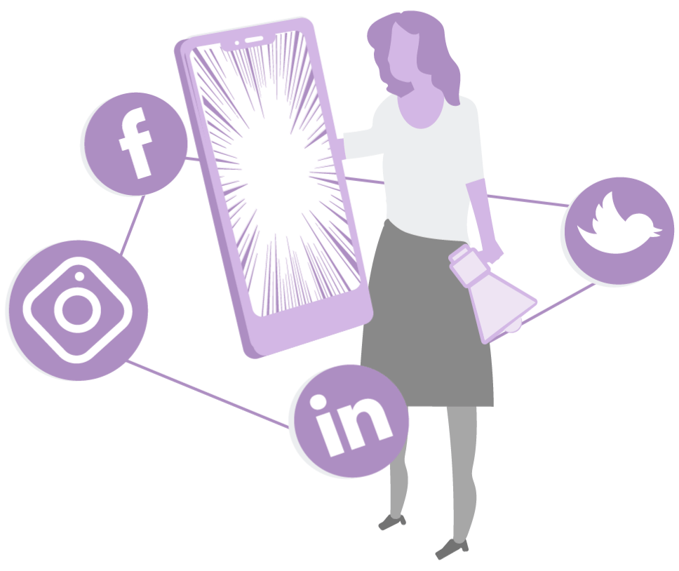 Marketing Purks Icon for Social Media Management, using a phone and person with orbiting social media icons , Home Page Services