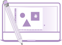 An icon for the Design and Creative Page, using a laptop, pencil and a representation of design software.