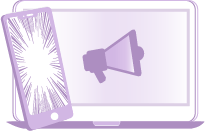 An icon for the Marketing Page, using a laptop, phone and megaphone to show how marketing can help grow your business.