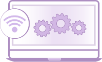 An icon for the Web Development Page, using a laptop, cogs and Wifi Symbol.