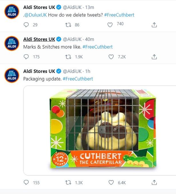 A series of tweets from Aldi to Dulux. The tweets consist of a reply to DuluxUK " How do we delete tweets? #freecuthburt as well as the tweets "Marks and Snitches more like. 'freeCuthbert"
