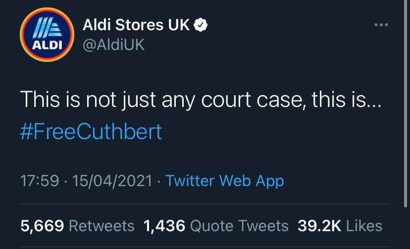 #FreeCuthbert Aldi Twitter Post that sais "This is not just any court case, this is... #FreeCuthbert